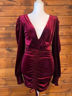 Burgundy Velvet Ruched V-Neck Mini Dress